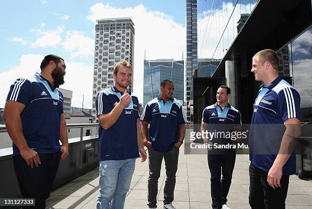 Charlie Faumuina, Luke Braid, Rudi Wulf, Alby Mathewson and Gareth Anscombe of the Blues pose during the 2012 Auckland Blues Super Rugby squad...