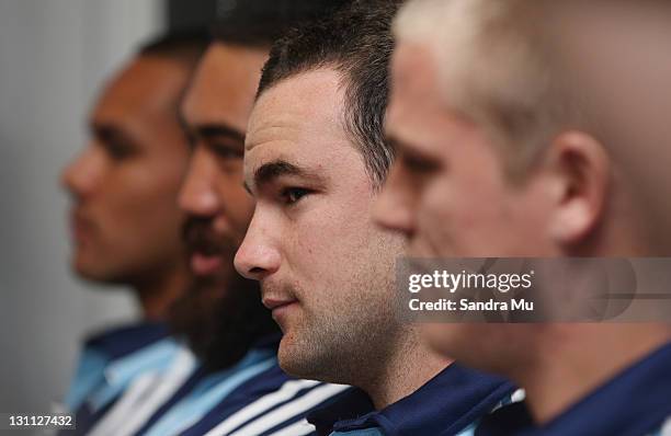 Alby Mathewson of the Blues is seen with team mates Rudi Wulf, Charlie Faumuina and Gareth Anscombe during the 2012 Auckland Blues Super Rugby squad...