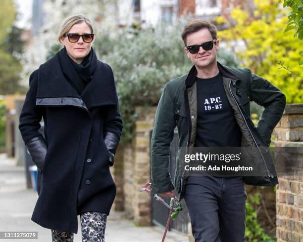 Declan Donnelly and Ali Astall seen taking their dog for a walk after it was reported that burglars attempted but failed to force open iron gates at...