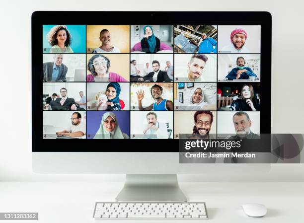 online video conference background on computer monitor - live event business stock pictures, royalty-free photos & images