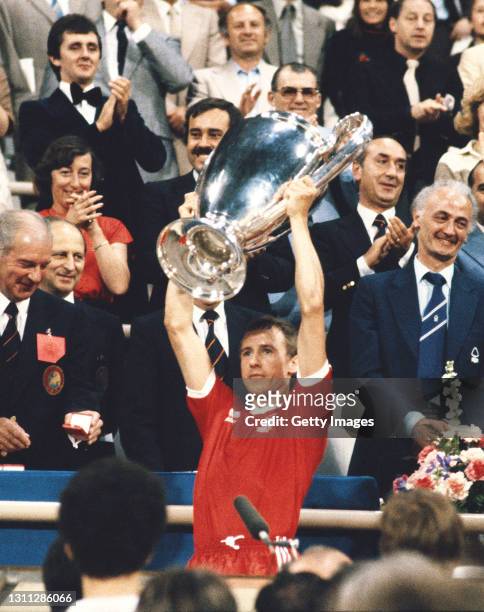 Nottingham Forest captain John McGovern lifts the trophy after the 1979 European Cup Final between Nottingham Forest and Malmo at the Olympic Stadium...