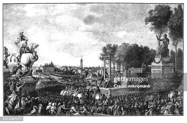 old engraved illustration of the execution of queen marie antoinette on the "revolution square" (place louis xv.) on october 16, 1793 - guillotine stock pictures, royalty-free photos & images