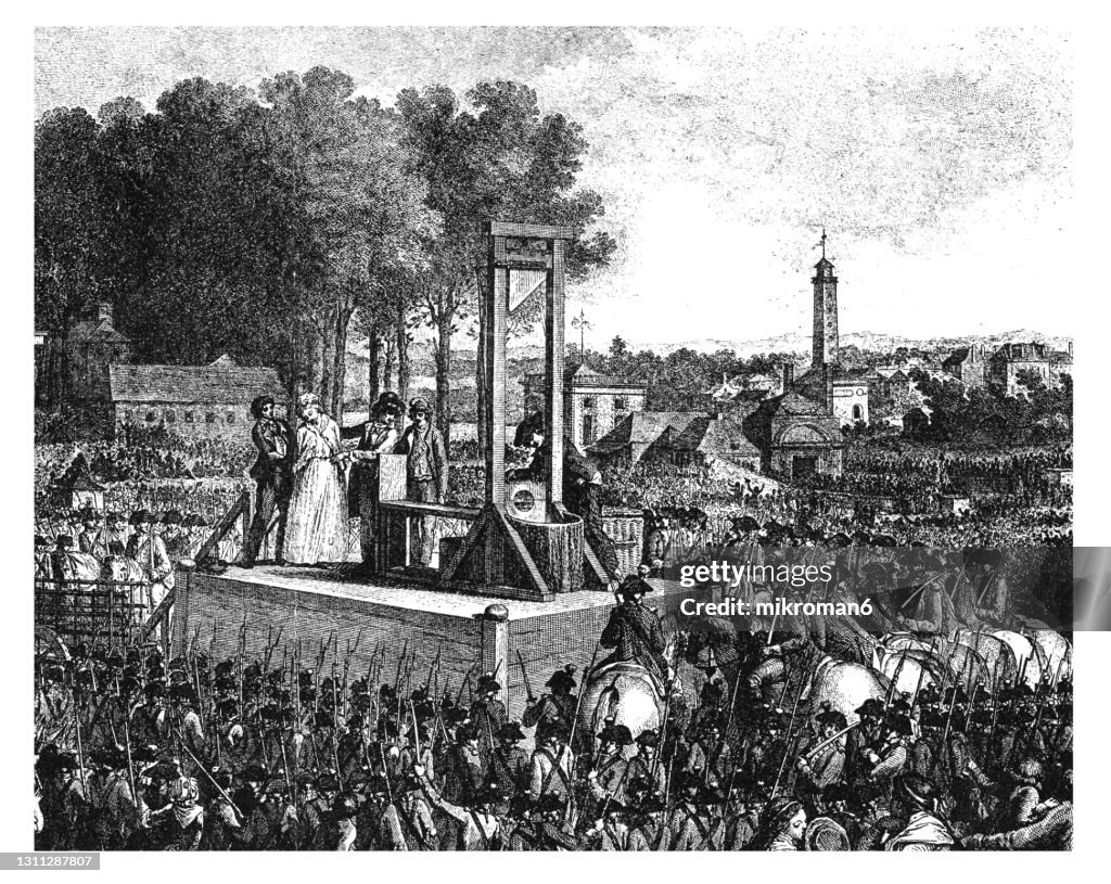 Old engraved illustration of The execution of Queen Marie Antoinette on the "Revolution Square" (Place Louis XV.) on October 16, 1793
