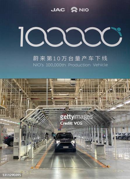 The Nio's 100,000th production vehicle ES8 rolls off the assembly line at the JAC-NIO production base on April 7, 2021 in Hefei, Anhui Province of...