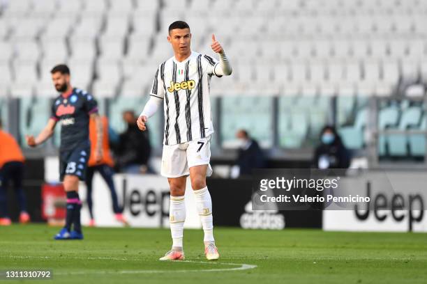 Cristiano Ronaldo of Juventus celebrates after scoring their side's first goal during the Serie A match between Juventus and Napoli at Allianz...