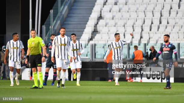 Cristiano Ronaldo of Juventus celebrates after scoring their side's first goal during the Serie A match between Juventus and Napoli at Allianz...