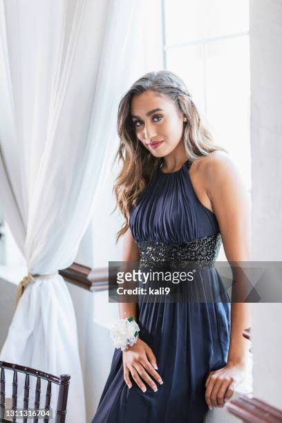 mixed race teenage girl wearing prom dress - prom dress stock pictures, royalty-free photos & images