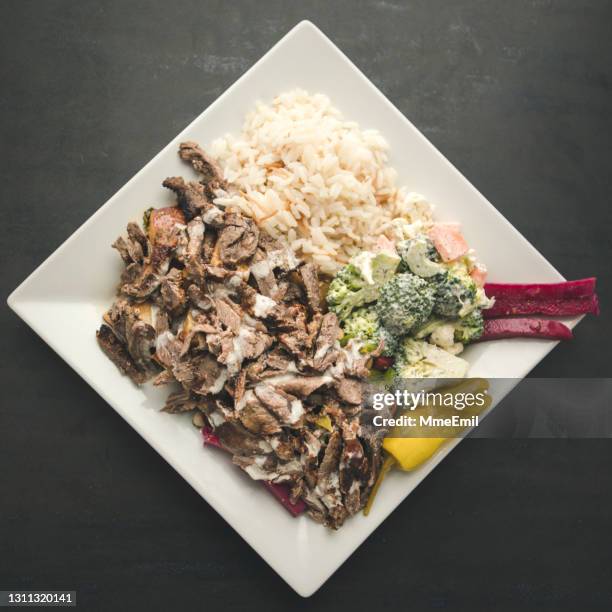 middle eastern food, shawarma plate - square plate stock pictures, royalty-free photos & images