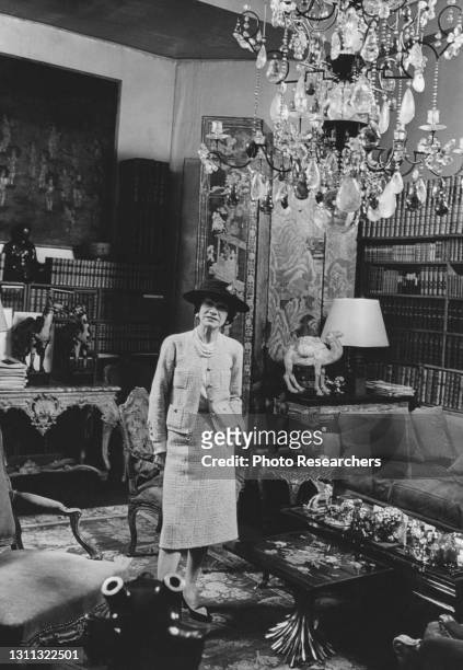 Portrait of French fashion designer Coco Chanel in her home , Paris, France, circa 1950s.