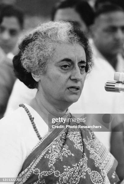 View of Prime Minister of India Indira Gandhi as she speaks during an unspecified event, February 1977.