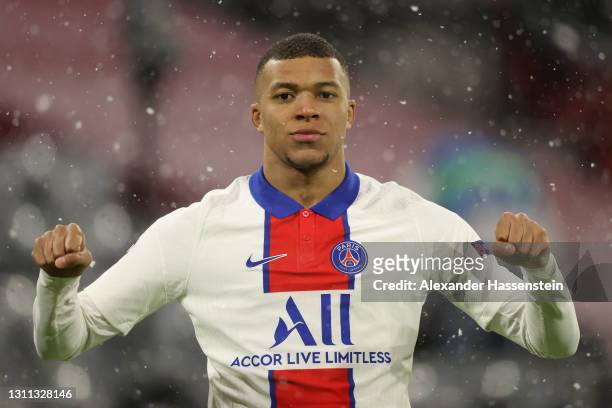 Kylian Mbappe of Paris Saint-Germain celebrates after scoring their side's first goal during the UEFA Champions League Quarter Final match between FC...