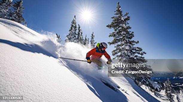 powder skiing - alpine skiing downhill stock pictures, royalty-free photos & images