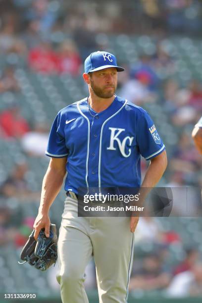 Greg Holland of the Kansas City Royals leaves the game during the eighth inning against the Cleveland Indians at Progressive Field on April 07, 2021...