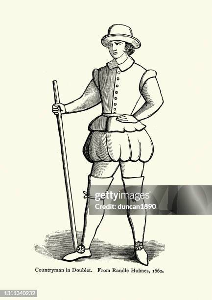 countryman wearing doublet and thigh length boots, 17th century fashion - doublet jacket stock illustrations