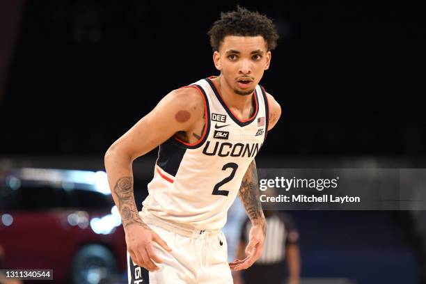 James Bouknight of the Connecticut Huskies looks on during the Big East Men's Basketball Tournament - Quarterfinals college basketball game against...