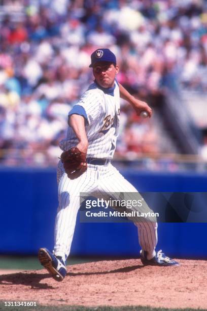 Dan Plesac of the Milwaukee Brewers pitches during a baseball game against the Texas Rangers on May 17, 1992 at Milwaukee County Stadium in...