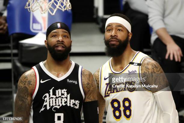 Markieff Morris of the Los Angeles Lakers and Marcus Morris Sr. #8 of the Los Angeles Clippers look on during the game at Staples Center on April 04,...