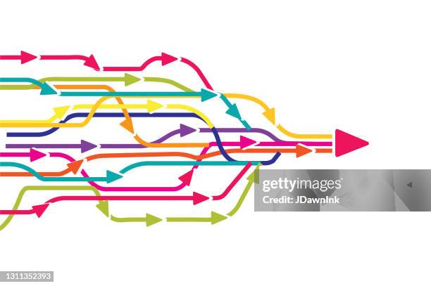 infografik "zusammenführung und verbundene pfeile" - fahrbahn verengung stock-grafiken, -clipart, -cartoons und -symbole