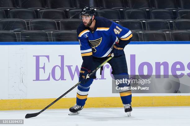 Robert Bortuzzo of the St. Louis Blues looks on during a game against the Vegas Golden Knights on April 5, 2021 at the Enterprise Center in St....