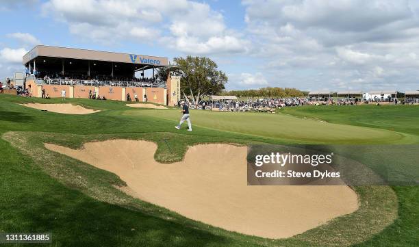 Tom Hoge walks up to the 18th green during the final round of the Valero Texas Open at TPC San Antonio AT&T Oaks Course on April 04, 2021 in San...