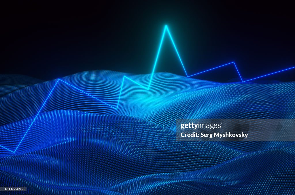 Synthwave style zagzag diagram with neon ultraviolet light above the dunes of many reflective particles. 3d render illustration