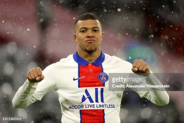 Kylian Mbappe of Paris Saint-Germain celebrates after scoring their side's first goal during the UEFA Champions League Quarter Final match between FC...