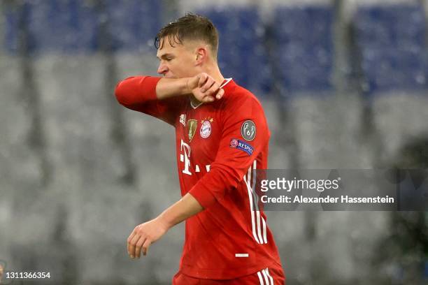 Joshua Kimmich of FC Bayern München reacts after the UEFA Champions League Quarter Final match between FC Bayern Munich and Paris Saint-Germain at...