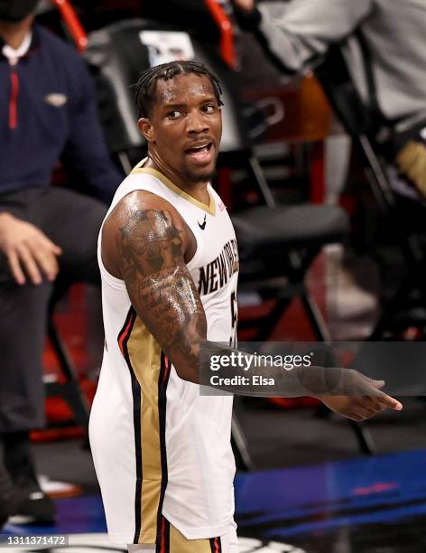 Eric Bledsoe of the New Orleans Pelicans reacts after he was ejected from the game in the second half against the Brooklyn Nets at Barclays Center on...