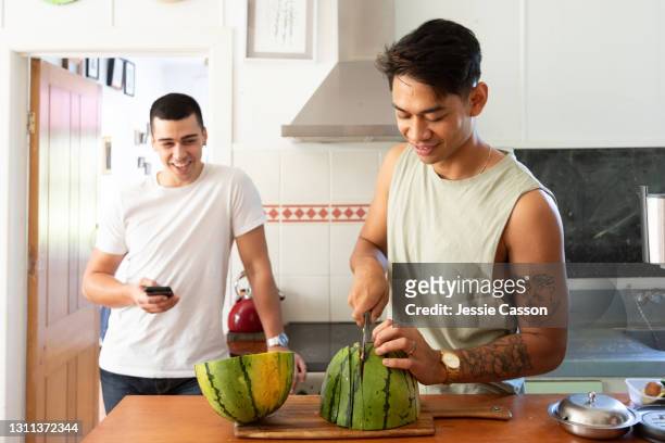 gay couple preparing watermelon in kitchen - share house stock pictures, royalty-free photos & images