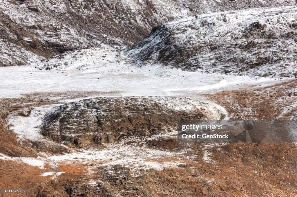 Aerial view of snowy landscape in the Canadian Arctic