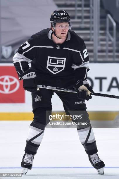 Austin Wagner of the Los Angeles Kings looks on during the first period against the Arizona Coyotes at STAPLES Center on April 7, 2021 in Los...