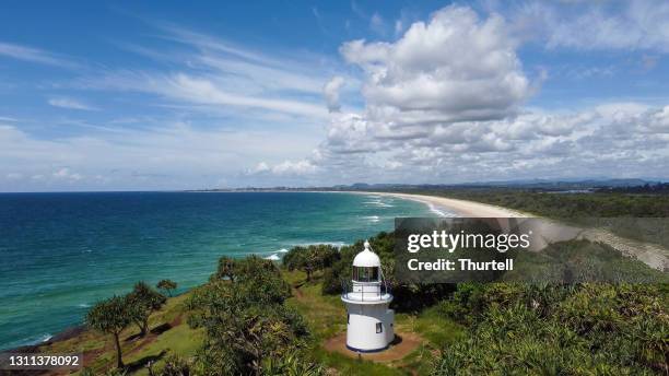 drone view of fingal head and dreamtime beach, tweed coast australia - sandbar stock pictures, royalty-free photos & images