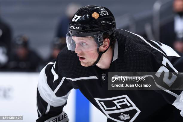 Austin Wagner of the Los Angeles Kings looks on during the second period against the Arizona Coyotes at STAPLES Center on April 7, 2021 in Los...