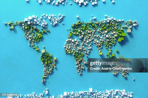 world map made out of multicoloured cubic pattern. - global communications foto e immagini stock