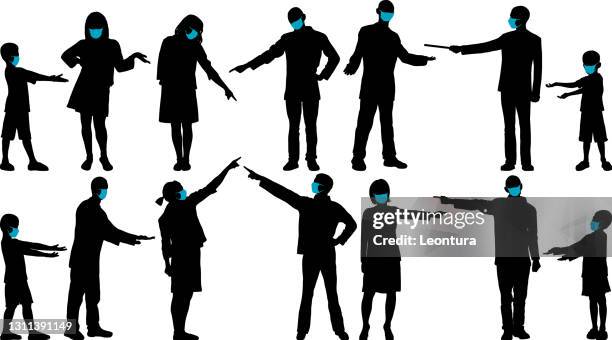 menschen, die auf masken zeigen und präsentieren - silhouettes boys showing with finger stock-grafiken, -clipart, -cartoons und -symbole