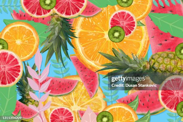 ilustraciones, imágenes clip art, dibujos animados e iconos de stock de refresco de verano real - fruta tropical