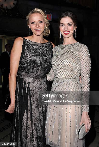 Charlene, Princess of Monaco and actress Anne Hathaway attend the Princess Grace Awards Gala at Cipriani 42nd Street on November 1, 2011 in New York...