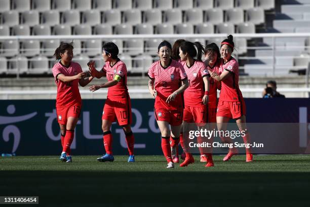 Kang Chae-Rim of South Korea celebrates after scores team's first goal during the Tokyo Olympics Women's Football Asian Final Qualifier 1st leg match...