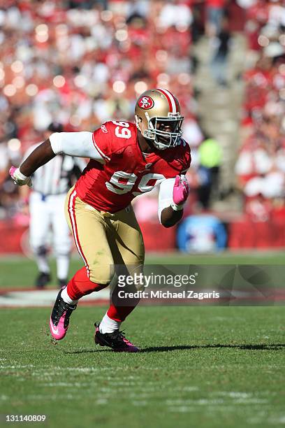 Aldon Smith of the San Francisco 49ers rushes the quarterback during the game against the Cleveland Browns at Candlestick Park on October 30, 2011 in...