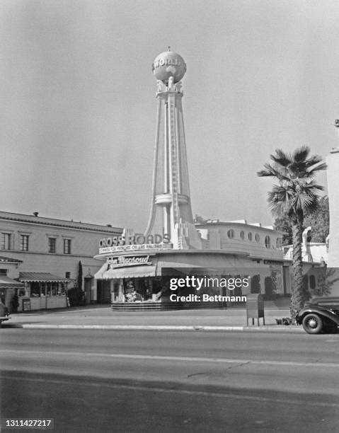 Crossroads of the World, an open-air mall designed to resemble an ocean liner, on Sunset Boulevard and Las Palmas in Los Angeles, California,...