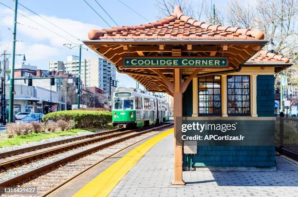 coolidge corner train stop - brookline, massachusetts - brookline massachusetts stock pictures, royalty-free photos & images