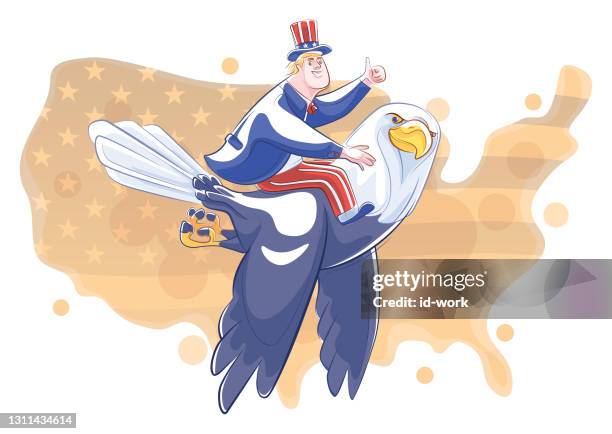 man in uncle sam costume gesturing thumbs up with bald eagle - uncle sam drawing stock illustrations