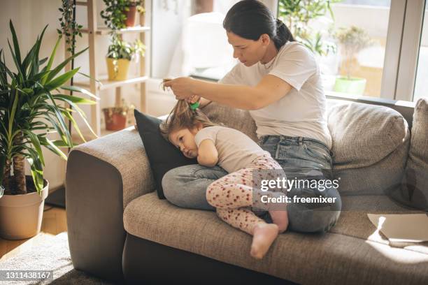 mother doing head lice cleaning on daughter - piolho humano imagens e fotografias de stock