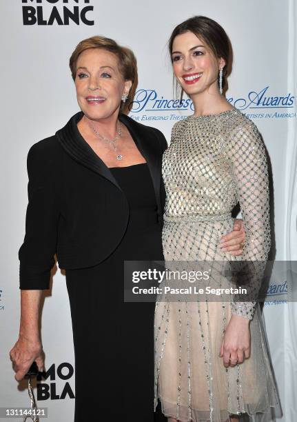 Julie Andrews and Anne Hathaway attend the Princess Grace Awards Gala at Cipriani 42nd Street on November 1, 2011 in New York City.