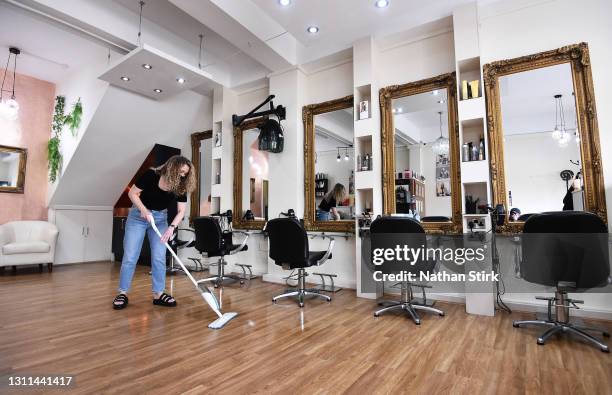 Lara Wallace owner of LDW Hair Salon prepares to open her salon on April 08, 2021 in Stoke-on-Trent, United Kingdom. All non-essential retail will be...