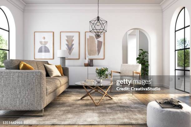moderno interior de la sala de estar - renderizado en 3d - beautiful living room fotografías e imágenes de stock