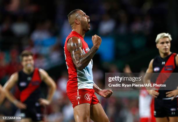 Lance Franklin of the Swans celebrates a goal during the round four AFL match between the Sydney Swans and the Essendon Bombers at Sydney Cricket...