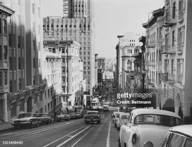 View along Powell Street, which connects Market Street and Fisherman's Wharf in San Francisco, California, circa 1955.