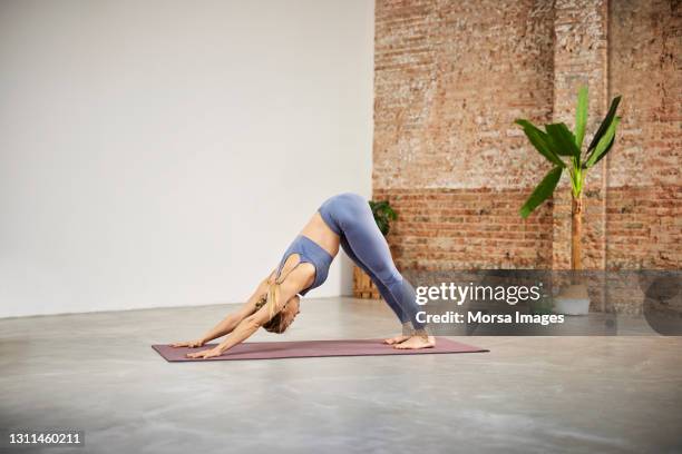 flexible woman practicing adho mukha svanasana - downward facing dog position stock pictures, royalty-free photos & images