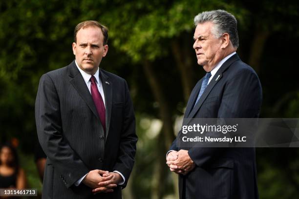 Representatives Lee Zeldin and Peter King outside St. Anne's Roman Catholic Church in Brentwood, New York during the funeral of Evelyn Rodriguez on...